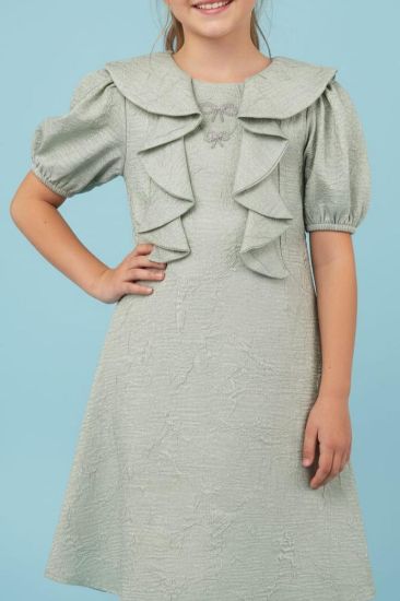 صورة فستان اخظر فاتح كشكشة على الصدر وفينكات فضيه